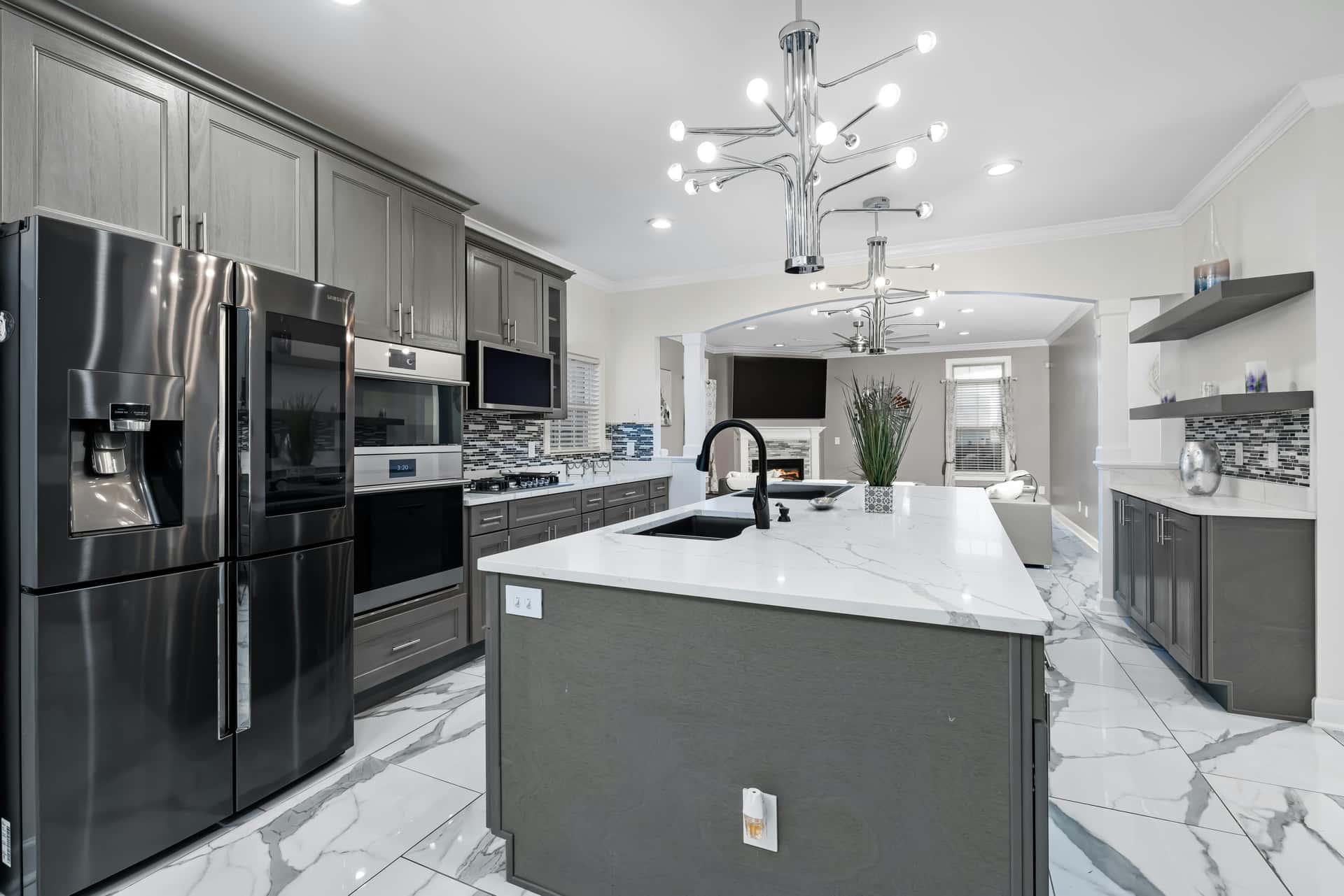 Contemporary dark gray kitchen with marble floors in Lancaster, Ohio