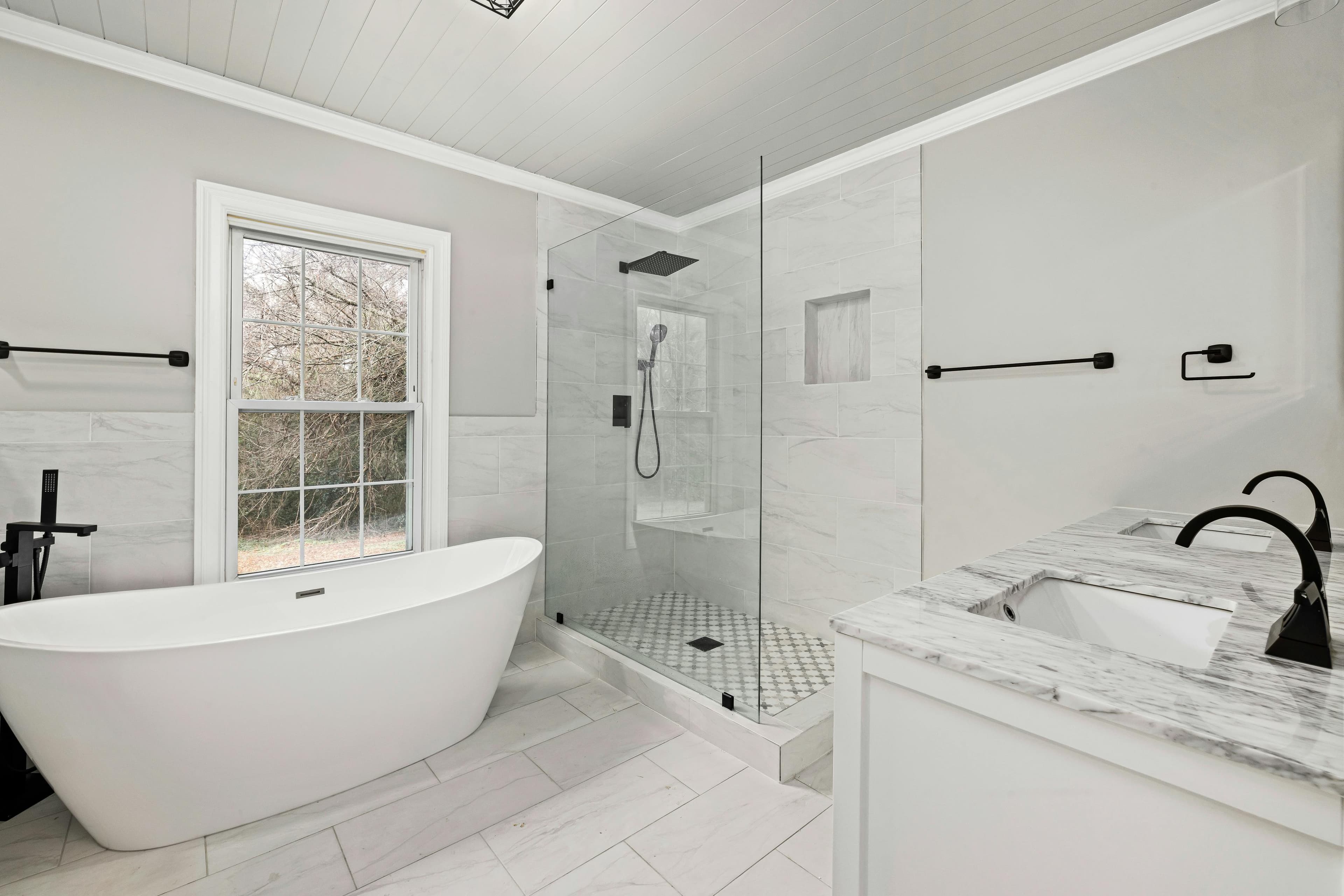 Spa bathroom with freestanding tub and walk-in shower in Lancaster, Ohio